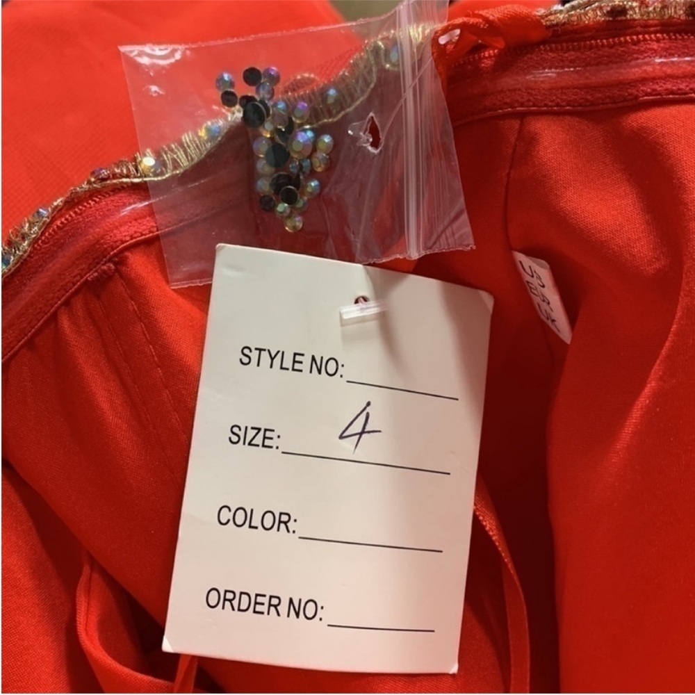 Red Strapless Tulle Party Dress with Gold Embellished Bodice. 4. NWT. - Picture 3 of 13